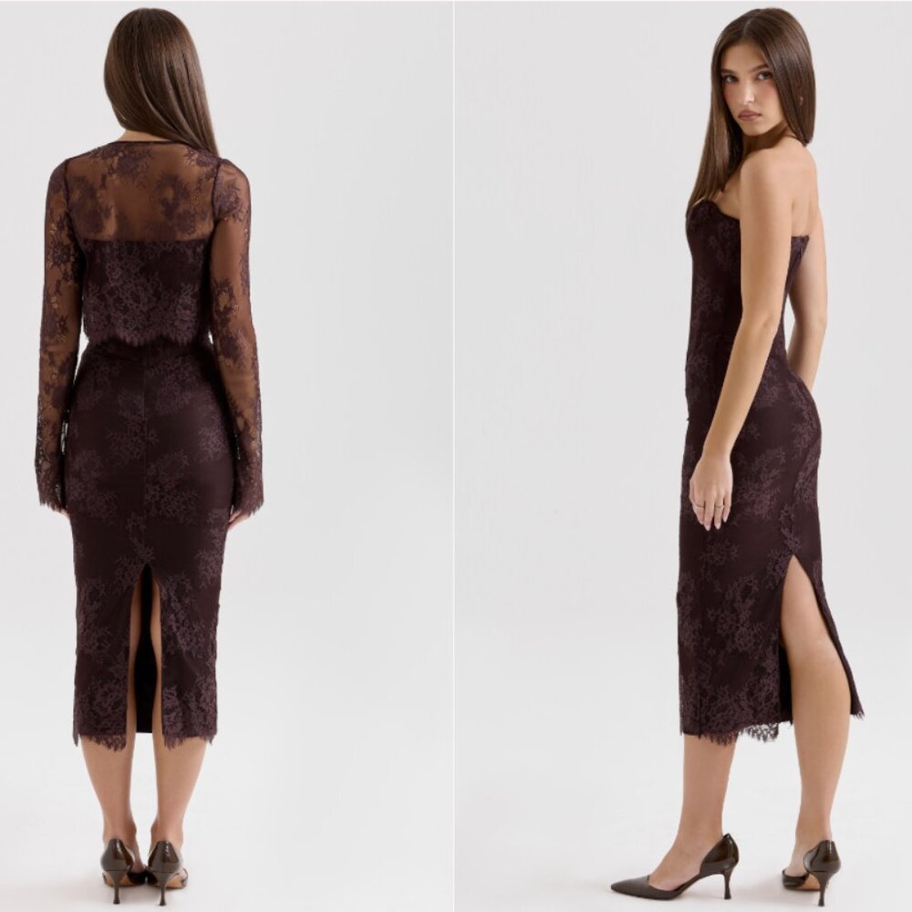 HOUSE OF CB 'Larra' Bitter Chocolate Lace Corset Midi Dress & Bolero NWOT - Picture 3 of 12